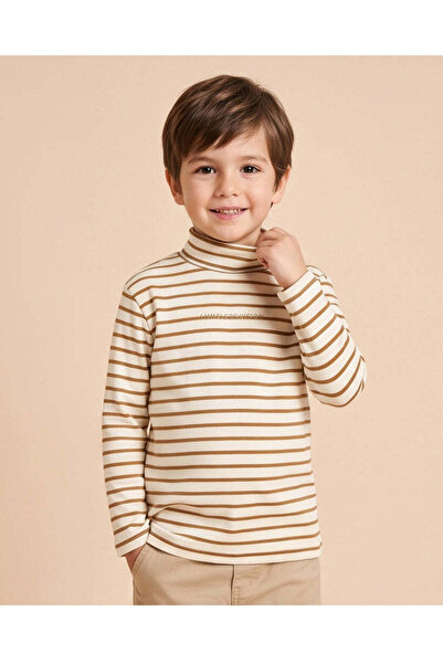REDTAG Boys Brown Striped High Neck T-Shirt