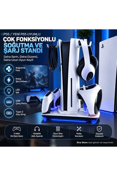 XİRA PS5 PS5 Slim PS5 Pro Uyumlu Soğutucu Fanlı Şarj Standı 2 Kol Şarj Alanı ...