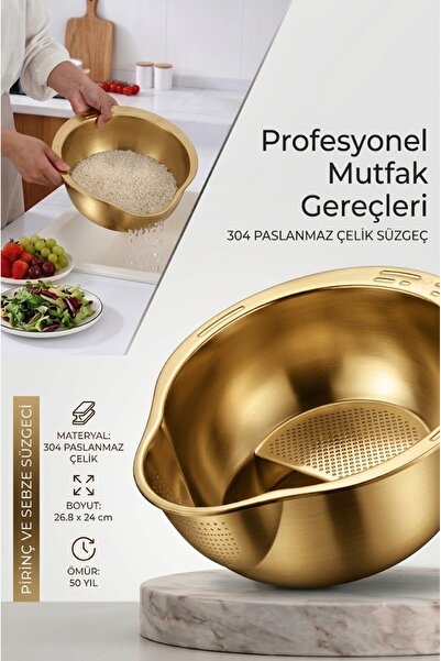 Gold 304 Paslanmaz Çelik Pirinç Ve Sebze Yıkama Süzgeci 26,8 X 24 Cm