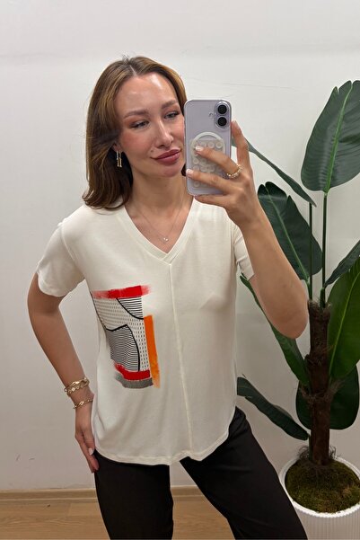 By Saygı Women's V-Neck Abstract Geometric Pattern Short Sleeve Lycra Viscose...