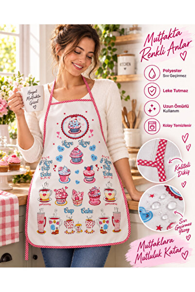 GLOMAR Pembe Cup Cake Desenli Mutfak Önlüğü Leke Tutmaz Sıvı Geçirmez Temizle...
