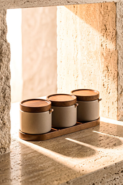 Perotti Esmer 3-Piece Porcelain Spice Jar Set with Wooden Lid, Spoon and Tray...