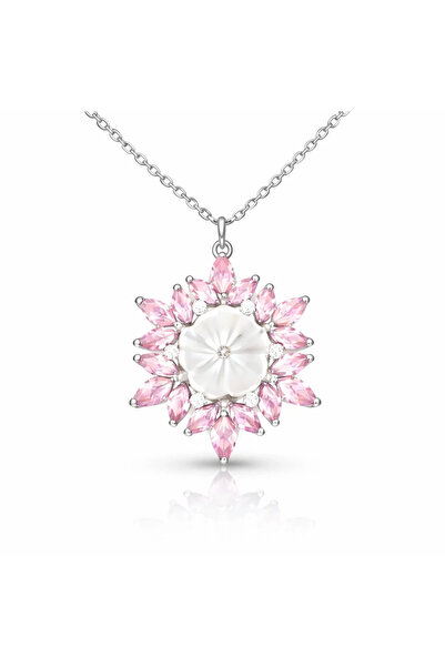 Gümüş Pembe Lotus Desenli Çiçek Kadın Kolye