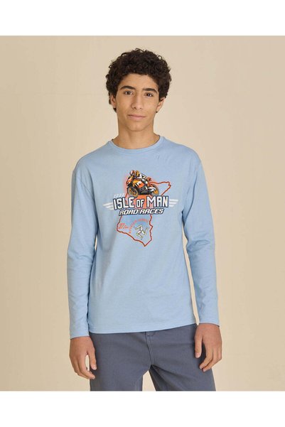 REDTAG Senior Boys Blue Printed Long Sleeve Graphic T-Shirt