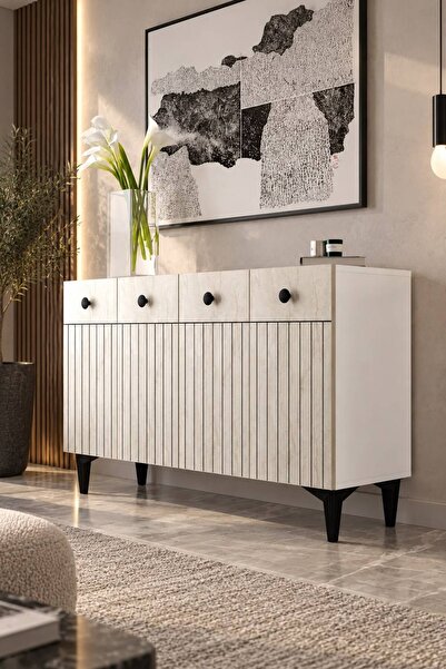 Modova Home 120MHK7BT İLLAY LAZER DESEN KAPAK KONSOL ve TV SEHPASI BEYAZ-TRAV...