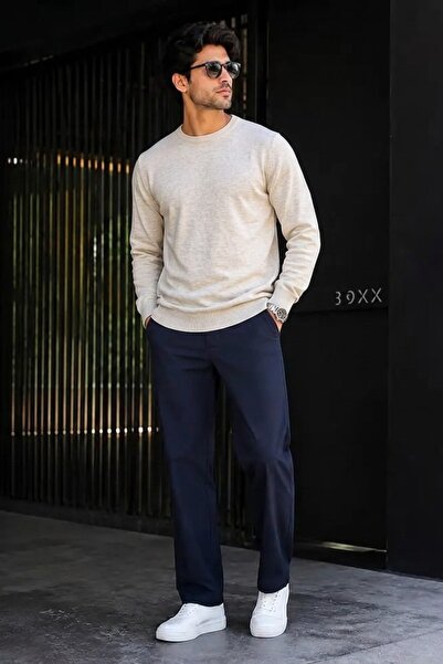 DAMGA JEANS سترة تريكو رجالية سميكة كريمية أساسية للاستخدام اليومي