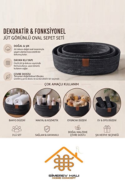 SİMEREV HALI HOME CONSEPT 3 Lü Sepet El Dokuma Sunum Organizer Oval Jüt Hasır...