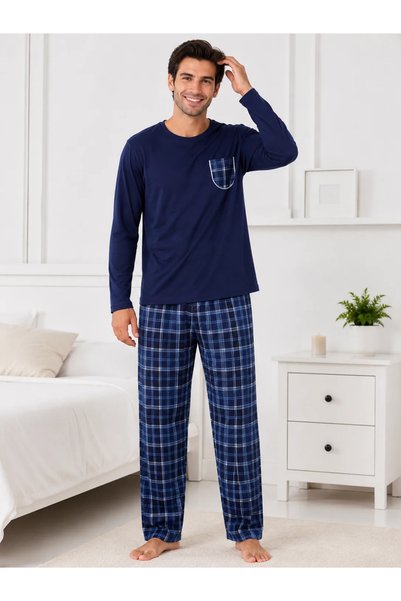 Serena Pijama Barbati cu Buzunar în Carouri și Pantaloni Asortați-Bleumarin