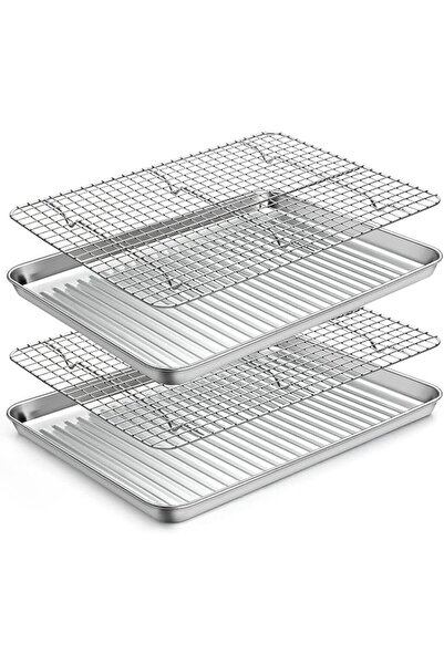 ANGJU Stainless Steel Baking Sheet with Rack Set [2 Pans + 2 Racks], Cookie S...