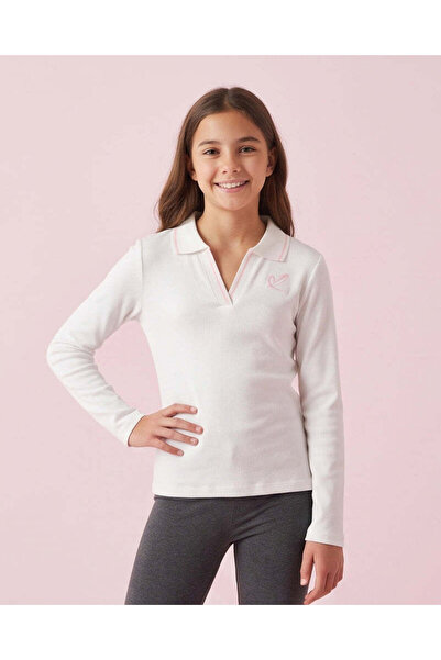 REDTAG Senior Girls White Ribbed Collared T-Shirt