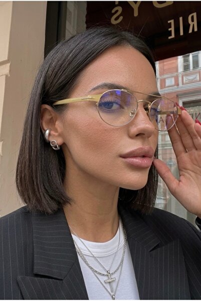 Chunky Frame Berina Unisex Elips Gold Sarı Çerçeveli Ultra Hafif Mavi Işık Filtreli Blue Block Gözlüğü