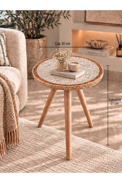 toprakhome İnci Sehpa, Rattan Kenar Hasır Örgü Sedefli Yan Sehpa Model:1