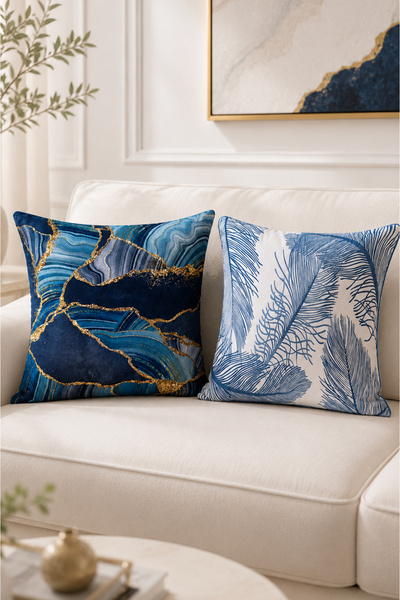 Bumedo Set of 2 Decorative Throw Pillow Covers 43X43 cm Digital Printed Blue ...