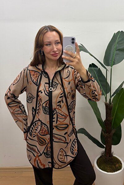 By Saygı Women's Hooded Front Zipper Leaf-Flower Patterned Tunic Jacket with ...