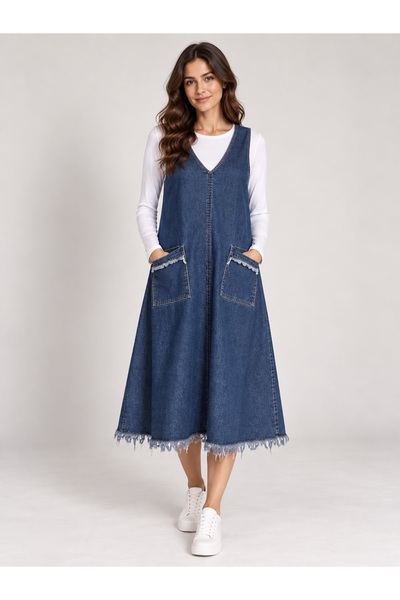 Desen Hamile Giyim İndigo V Yaka Cepli Püskül Detaylı Denim Jile Hamile Elbise
