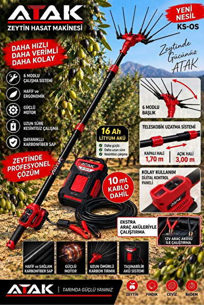 Profesyonel 16 Ah Lityum Akülü Zeytin ve Meyve Hasat Makinesi - 1,70m-3,00m Teleskobik Karbon Sap