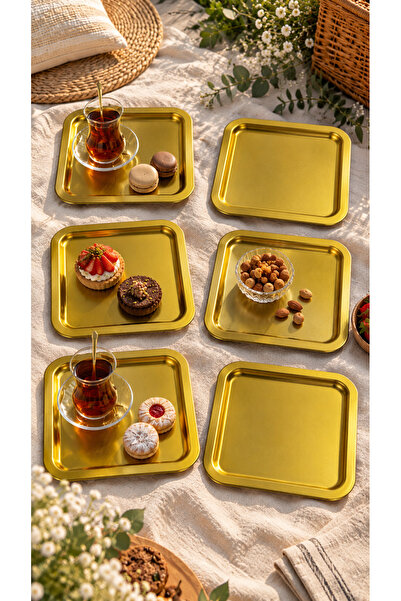 Leila 6'lı Gold Metal 23 cm Kare Çay, Kahve, Pasta Servis Tepsisi Dekoratif S...
