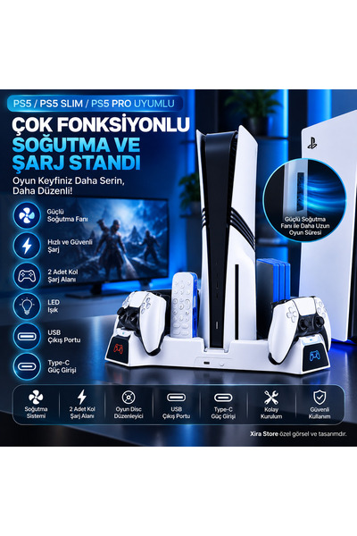 XİRA PS5 PS5 Slim PS5 Pro Uyumlu Çok Fonksiyonlu Soğutma ve Şarj Standı Çift Kol Şarjlı LED USB Type-C