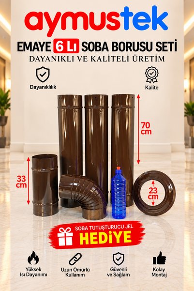 aymustek EMAYE Soba Borusu Seti 3 Adet boru 1 Adet Yarım 1 Adet Dirsek 1 Adet Ayna Soba Tutuşturucu Jel Hediye
