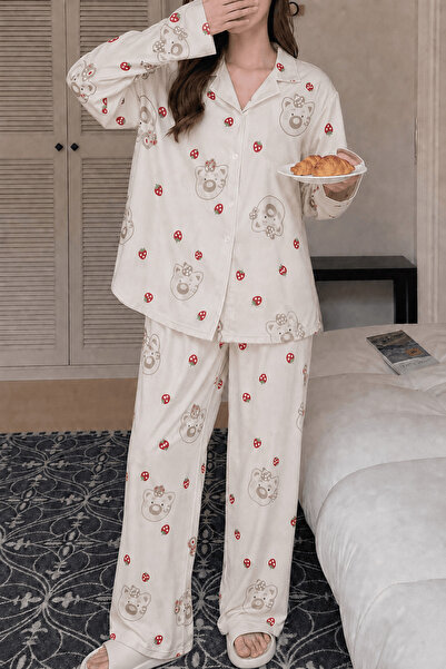 Hepsi Moda Gömlek Yaka Ayıcık Desenli Pijama Takımı - Ekru