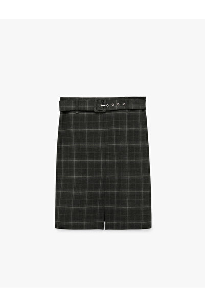 Koton Low Waist Belted Above Knee Plaid Pencil Skirt