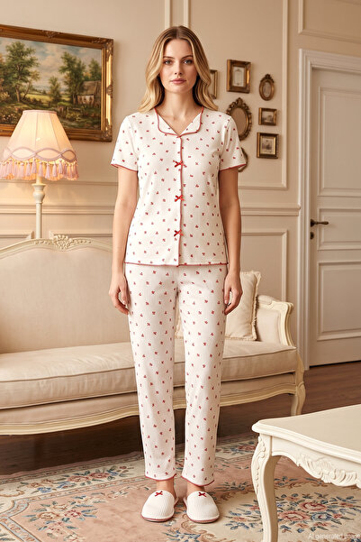 REMSA Women's Ribbon Pattern Short Sleeve Berlin Pajama Set 005 White
