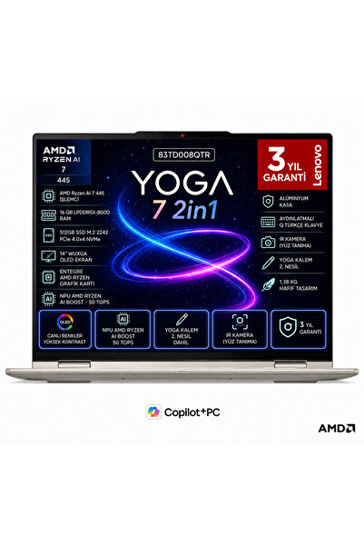 LENOVO YOGA 7 2in1 14AGP11 AMD Ryzen AI 7 445 16 GB 512 GB M2 SSD CoPilot Fre...