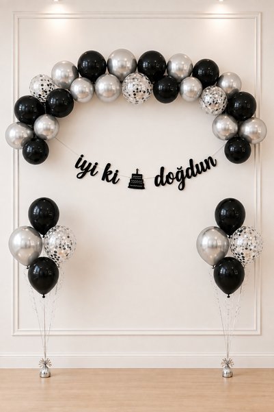 BalonArt Siyah Krom Gümüş Doğum Günü Balon Seti Şeffaf Gümüş Pullu İyi Ki Doğ...