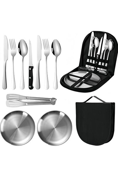 Tazweeq Outdoor Mess Kit, Stainless Steel, Silver, 10 Pieces, with Carrying C...