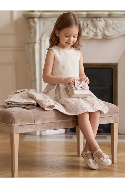 Cherrys Bebek Elegant Girls' Dress with Glitter and Pleats, with Jacket and Bag