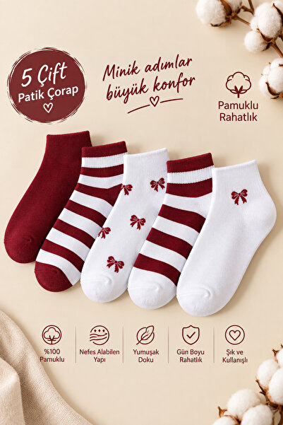 Hitit Socks 5 أزواج من الجوارب القطنية النسائية ذات النقوش الخطية والفيونكات ...