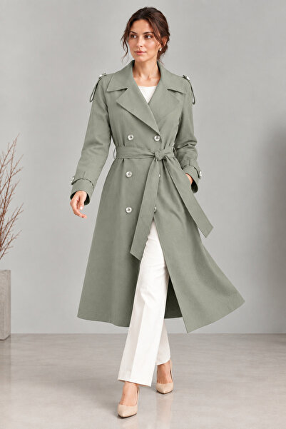 SheLoria Women's Khaki Double-Breasted Collar Belted Long Trench Coat
