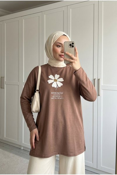 Kirazca Butik Women's Daisy Flower Embroidered Letter Print Detailed Loose Lo...