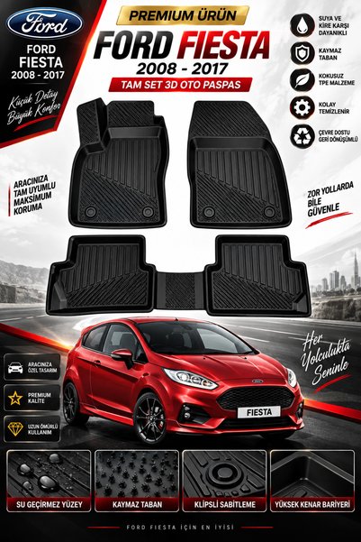 Black Gold Ford Fiesta 2008+ 3D TPE Kauçuk Oto Paspas | Özel Kalıp Yüksek Hav...