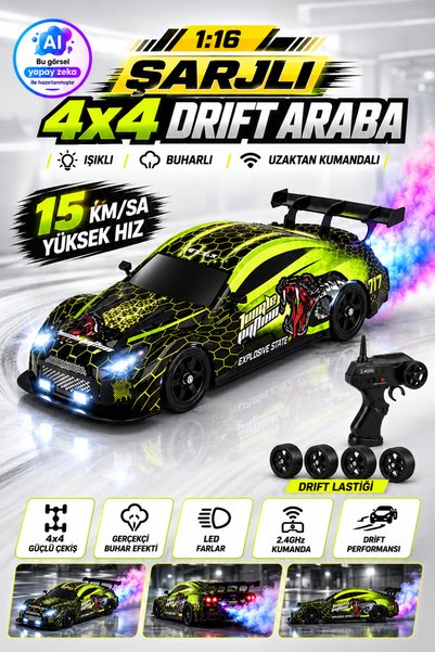 YILDIRIM OYUNCAK Uzaktan Kumandalı Şarjlı Işıklı ve Buhar Atan 4x4 Drift Arab...