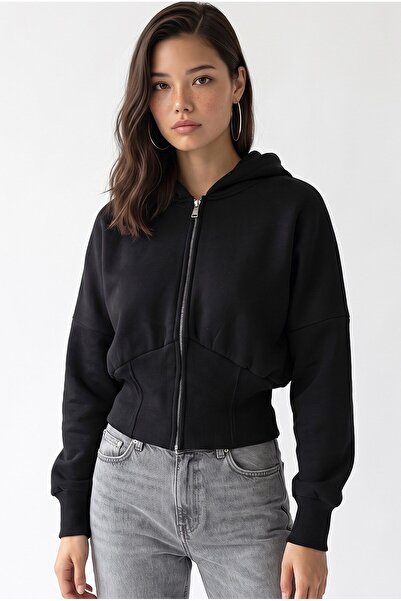 Mixray 2235 Women's Hooded Zippered Ribbed Short Cardigan Black