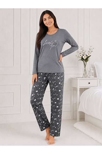 TOSKI Pijama dama bumbac, set 2 piese bluza maneca lunga si pantaloni lungi, ...