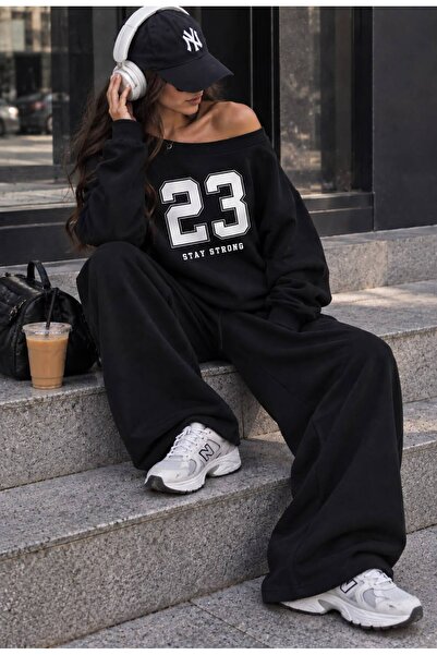 trendgar Siyah 23 Baskılı Bol Asimetrik Yakalı Sweatshirt/ WideLeg/Geniş Paça...