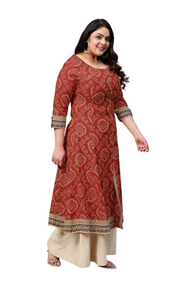 MYSMAR Red & Cream Cotton Bandhani Print Anarkali Kurta - RUS1003-Size-7XL-54...