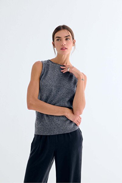Silk and Cashmere Siyah Melanj Pera Saf Kaşmir Yuvarlak Yaka Kolsuz Triko