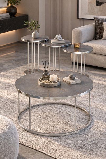 SuloraHome Gordion Griye Gümüş Metal Ayaklı 4'lü Sehpa Seti