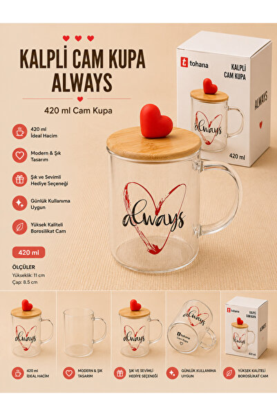 THIRTEEN SELECT Heart Patterned 420 ml Glass Mug – Bamboo Lid, Heart Shaped