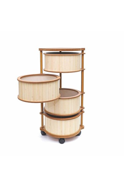 MİHMAN HOME Bambu 4 Katlı Tekerlekli Çok Amaçlı Ahşap Patates Soğan Sepeti