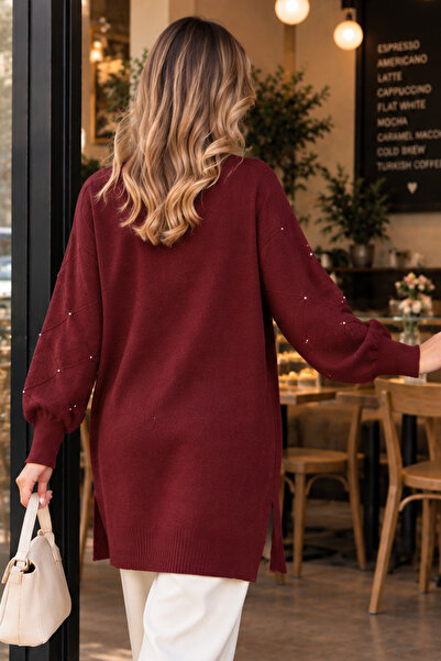 benguen Kolları Taş Detaylı Triko Kazak K6033 Bordo