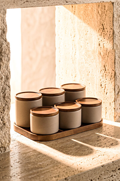 Perotti Esmer 6-Piece Porcelain Spice Jar Set with Wooden Stand