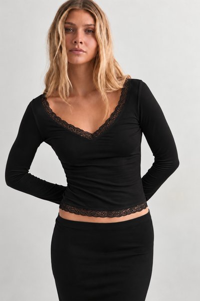 ecemore V-Neck Lace Detailed Bodycon Long Sleeve Viscose Blouse