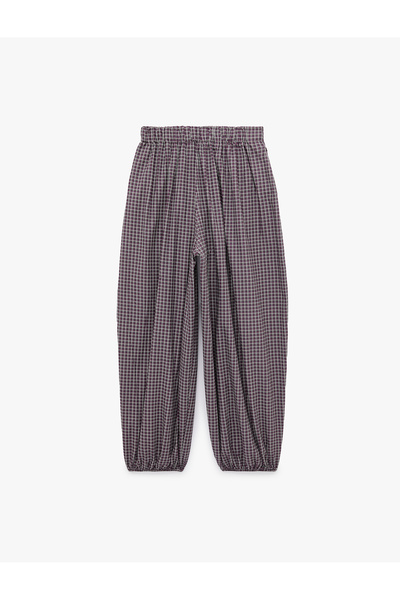 Koton Comfortable Fit Plaid Patterned Cotton Elastic Leg Barrel Balloon Trousers