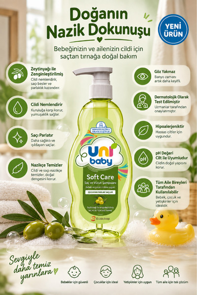 Uni Baby Soft Care Organik Zeytinyağlı Saç ve Vücut Şampuanı 700 ml