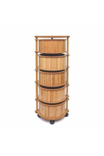 MİHMAN HOME Bambu 5 Katlı Tekerlekli Çok Amaçlı Ahşap Patates Soğan Sepeti