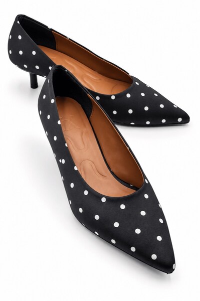 İX Lang Women's Polka Dot Black Short Heeled Comfortable Sole Pointed Toe Cla...